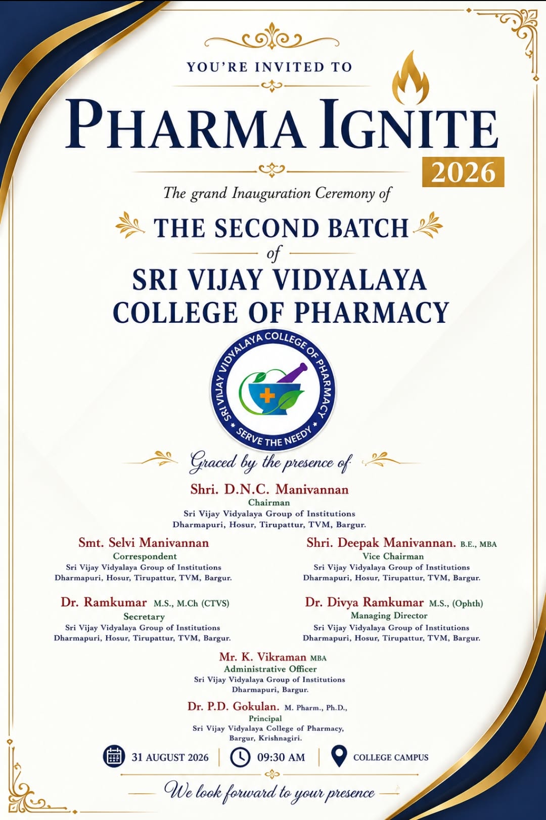 Pharma Ignite 2026 invitation for the second batch of Sri Vijay Vidyalaya College of Pharmacy